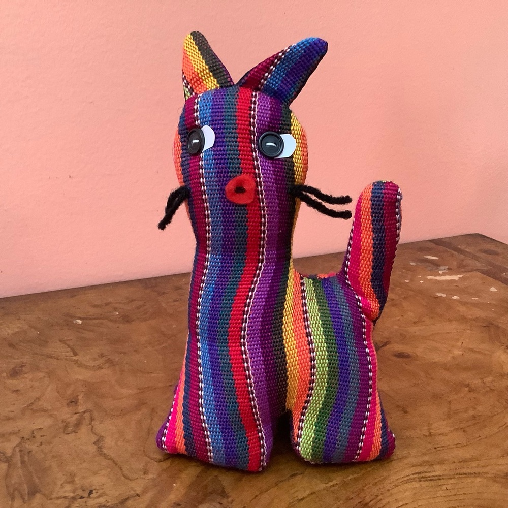 Handmade Colorful Striped Cat Plush From Guatemala